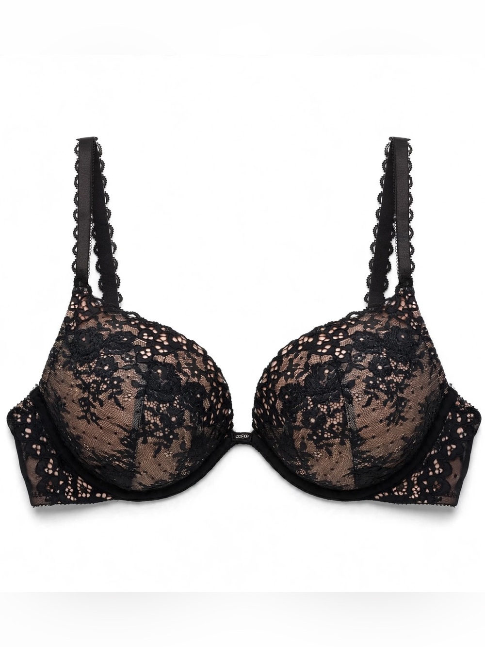 Victoria’s Secret 34DD Black Lace Push-Up Bra with Nude Lining Scalloped Straps